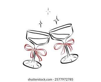 Glass of champagne or wine. Hand drawn line art of coquette aesthetic element. Drink with ribbon and bow in crayon and sketch. La dolce vita italian style. Doodle vector illustration