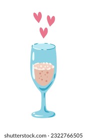 Glass of champagne, wine, white sparkling wine. Illustration of a champagne glass, . Design for greeting card, invitation, print, sticker. Illustration for birthday, valentine's day, anniversary.