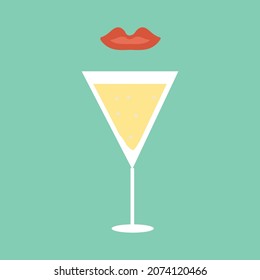 A Glass Of Champagne And A Woman's Red Lips. Vector Illustration.