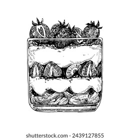 Glass of cheese dessert with strawberries, hand drawn sketch, vector illustration 