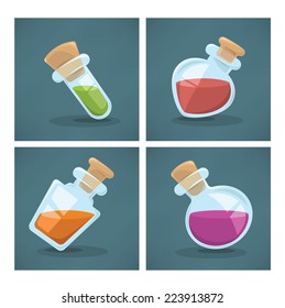 glass chemical bottles with  magical liquid, vector collection