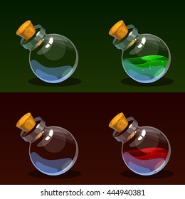 Glass chemical flask with green and red toxic liquid and cork vector illustration EPS10. Transparent objects 