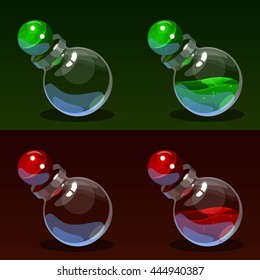 Glass chemical flask with green and red toxic liquid and cork vector illustration EPS10. Transparent objects 