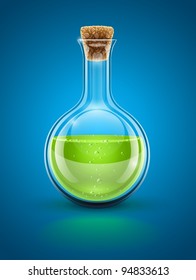 glass chemical flask with green toxic liquid and cork vector illustration EPS10. Transparent objects used for shadows and lights drawing