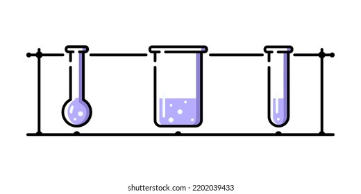 Glass chemistry flasks. Set of different glass tubes.