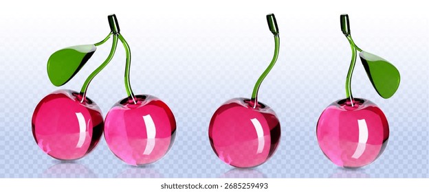 Colección de cereza de vidrio con subgrupos y hojas verdes para proyectos decorativos o de diseño. Frutas de cristal rosadas brillantes individuales y emparejadas sobre fondo transparente para presentaciones de comida de casino o bayas.