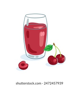 Glass of cherry juice and fresh cherries. Handmade picture in line style. Isolated on white background. Vector flat illustration.