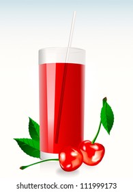 A glass of cherry juice with leaves and berries