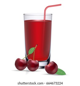 Glass of cherry juice on white background. Fresh juice isolated on a white background. Icon fresh fruits and juices. Cherry drink, juice. Cherry cocktail smoothies. Vector illustration