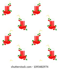 Glass of cherry juice seamless background, cherries on white stock vector illustration design element for web, for print