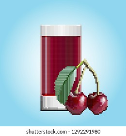 A glass of cherry juice and a twig with two cherries and a green leaf in front of it. Pixel art on a light blue gradient background.