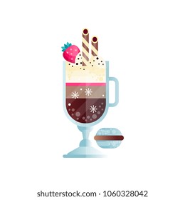 Glass of chilled coffee with ice-cream and ripe strawberry on top. Tasty drink with drinking straws. Delicious beverage and macaroon. Flat vector icon with gradients