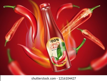 Glass chilli pepper bottle with chili splashing isolated on solid color background, Vector realistic 3D illustration, of free space for your copy and brand.