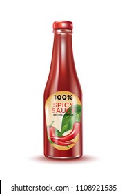 Glass chilli pepper bottle isolated on white background, Vector realistic 3D illustration, of free space for your copy and brand.