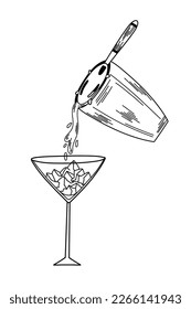 Glass chilling. Pouring a cocktail from a shaker with a hawthorne strainer into a glass with ice