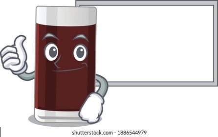 Glass of chocolate cartoon design with Thumbs up finger bring a white board. Vector illustration
