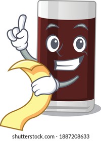 Glass of chocolate mascot character style with a menu on his hand. Vector illustration