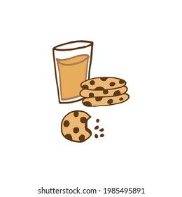 A Glass Of Chocolate Milk With Cookies Illustration On White Background. Healthy Meal For Kids. Snack Time. Bite Of Cookie. Hand Drawn Vector. Doodle Art For Logo, Poster, Advertising, Branding, Cover