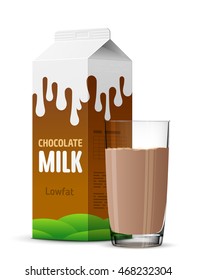 Glass of chocolate milk with gable top package close up. Cow cocoa milk carton and cup isolated on white. Vector image