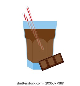Glass of chocolate milk with straw icon vector. Cocoa milk with chocolate bar icon isolated on a white background. Glass of chocolate milkshake vector