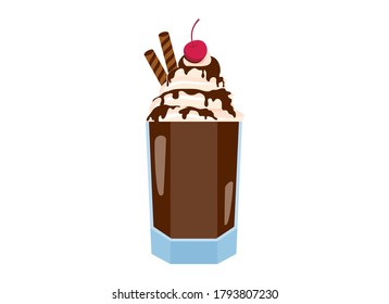Glass of chocolate milkshake icon vector. Chocolate milkshake with cocoa topping, whipped cream and cherry vector. Chocolate milkshake icon isolated on a white background