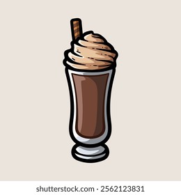 glass of chocolate smoothies isolated colored drawing line art style sketch classic vintage design illustration