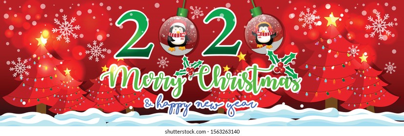 Glass Christmas ball with penguin. Winter holidays banner, Merry Christmas greetings. Happy and funny penguins on winter forest background.