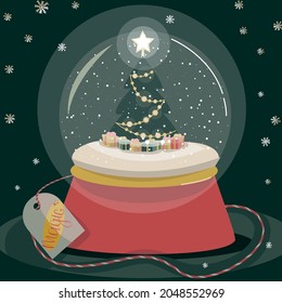 Glass Christmas ball with a Christmas tree and gifts. Glowing ball with a tag. Christmas tree with snow. New Year. EPS 10.