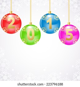 Glass christmas balls with 2015 numbers hanging over snowflake background 