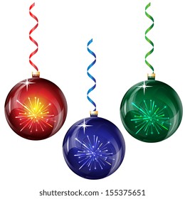 Glass Christmas balls with decorative elements in the form of firework on a white background