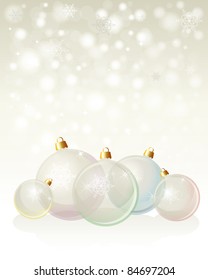 Glass Christmas baubles on snowflake background with space for your text. Neutral background with pastel, transparent glass baubles. EPS10 vector format.