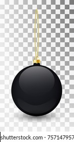 Glass Christmas black toy on a transparent background. Stocking Christmas decorations. Transparent vektor object for design, mocap. Vector illustration. 10 EPS