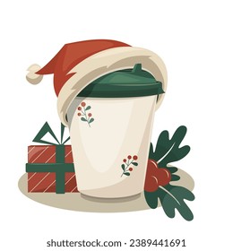 A glass of Christmas coffee, an advertising poster, food . New Year's decoration, vector graphics