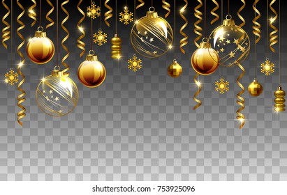 Glass Christmas evening balls on a transparent background. New year gold decorations with garlands. Vector objects for any background design.