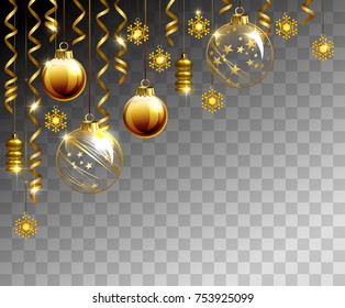 Glass Christmas evening balls on a transparent background. New year gold decorations with garlands. Vector objects for any background design.