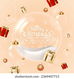 Glass Christmas Ornaments with Snow Inside. Transparent Christmas Decoration Balls Hanging Surrounded by gift. Realistic 3D Design. Vector Illustration.