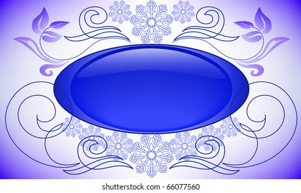 Glass Christmas oval button with scrolls and snowflakes