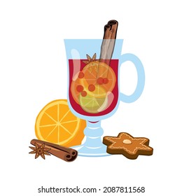 Glass of christmas punch icon vector. Christmas red punch with oranges fruit, gingerbread and cinnamon vector. Delicious christmas mulled wine in a glass icon isolated on a white background