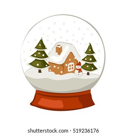 Glass Christmas Snow Globe With A House, Snowman And Trees. Cartoon Icon. Vector Illustration.