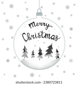 Glass Christmas toy, inside with Christmas trees, with the inscription Merry Christmas, handwritten, on a white background