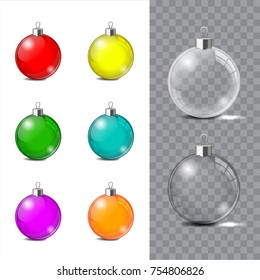 Glass Christmas toy on a transparent background. Stocking Christmas decorations or New Years. Transparent vector object for design, mock-up.