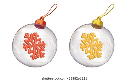 Glass Christmas toy on white background with yellow and red snowflake. Christmas gifts and home decoration concept. Vector illustration in 3d style on white background