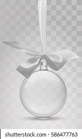 Glass Christmas toy with ribbon on a transparent background. Stocking Christmas decorations. Transparent vector object for design, mocup. Vector illustration. 10 EPS