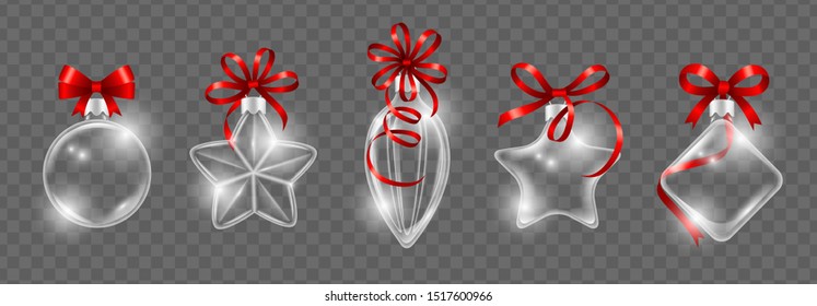 Glass Christmas toys with red ribbon bow. Realistic glass ball vector collection. New Year decorations