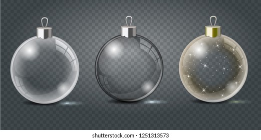 Glass Christmas toys set on a checkered background. Template shiny toy with silver glow. Vector illustration. Isolated object.