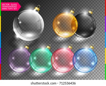 Glass christmas tree ball toy set on transparent background. Different color glossy christmas globe icon. Vector clip art.