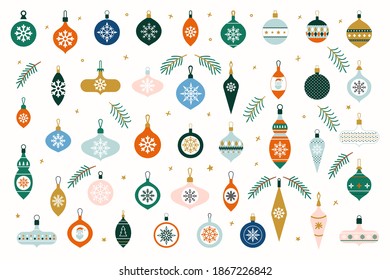 Glass Christmas tree toys. Set of hanging Christmas baubles isolated on white background. Decorative design elements in flat style for new year and holiday.