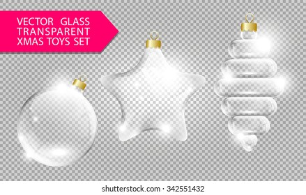 Glass christmas tree toys template set: ball, star and cone on transparent background