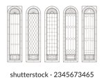 Glass church windows. Catholic black and white arches.