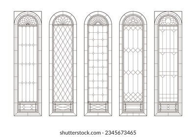 Glass church windows. Catholic black and white arches.